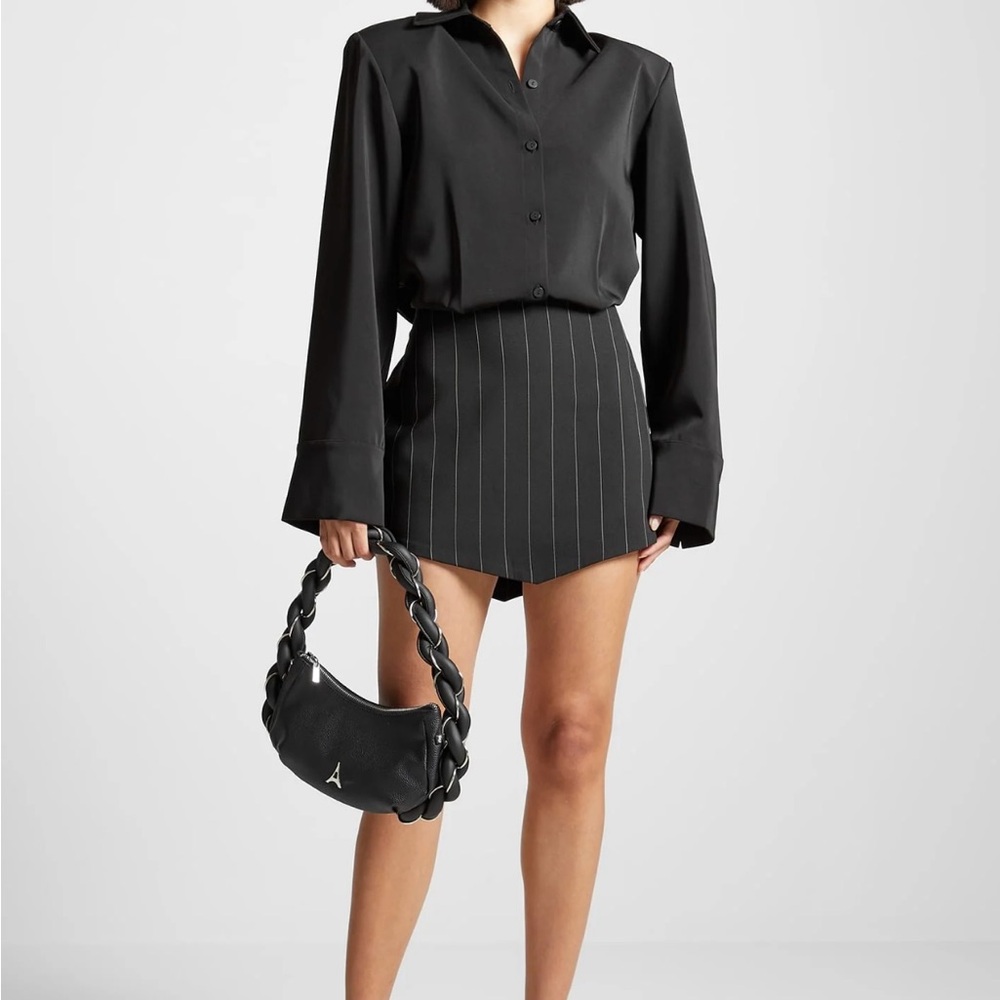 Black Button-Up Shirt and Pinstripe Skirt Set